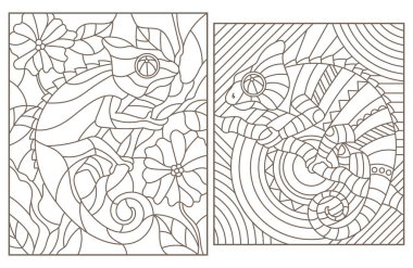 Soyut bukalemunları, beyaz arka planda koyu çizgileri, dikdörtgen resimleri olan boyalı cam pencerelerin çizimleri.