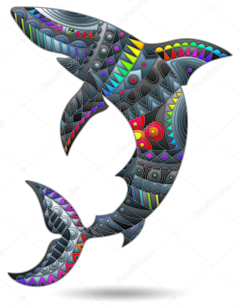 A stained glass illustration with an abstract bright shark, an animal isolated on a white background