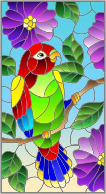 Mavi arkaplanda çiçek açan bir ağacın dalında soyut bir papağan olan lekeli cam çizimi, dikdörtgen biçiminde.