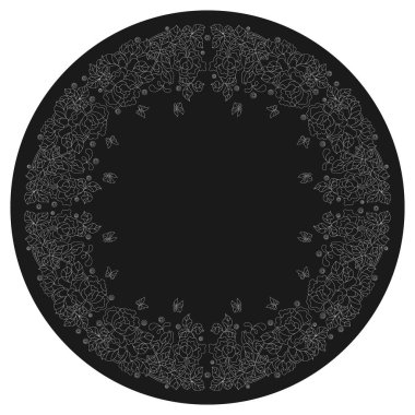 Yuvarlak ürün için tasarım süsü, koyu arkaplandaki boyalı cam stilinde ışık kontur çiçekleri