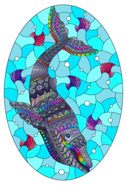 Su ve hava kabarcıklarının arka planında soyut gökkuşağı balinası olan boyalı cam pencere tarzında bir çizim, oval görüntü