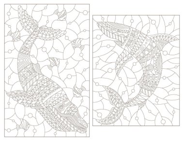 Soyut köpekbalığı ve balina ile boyalı cam stilinde bir dizi çizim, beyaz arka planda koyu hatlar