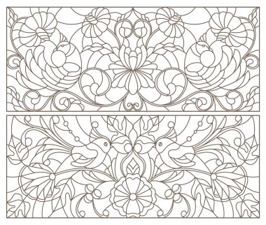 Kuşlar ve çiçeklerle boyanmış cam tarzında, beyaz arka planda koyu renkli çizgiler.