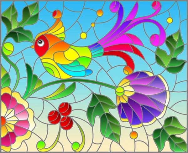 Ilustración Vidrieras Con Pájaro Abstracto Brillante Sobre Fondo Hojas Flores — Vector de stock