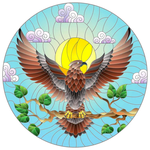 Ilustración Estilo Vidrieras Con Águila Abstracta Sobre Una Rama Árbol — Vector de stock