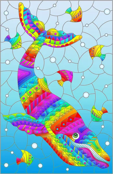 Иллюстрация Стиле Витража Абстрактным Радужным Китом Фоне Пузырьков Воды Воздуха — стоковый вектор