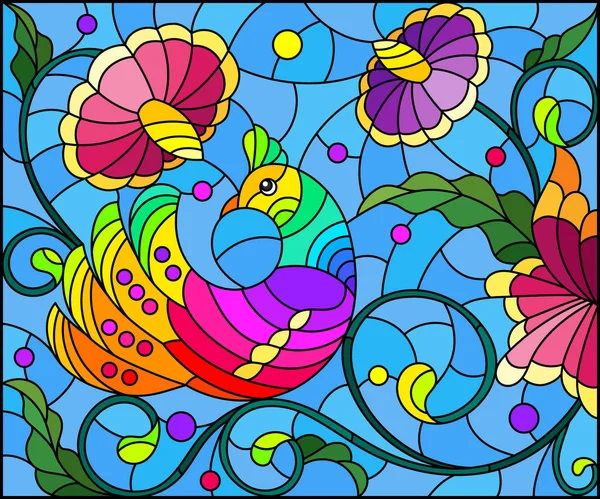 Вітражна Ілюстрація Яскравим Абстрактним Птахом Фоні Листя Квітів Блакитного Неба — стоковий вектор