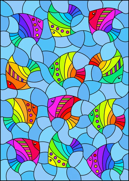 무지개 물고기가 그려져 스테인드글라스 삽화와 파란색 직사각 — 스톡 벡터