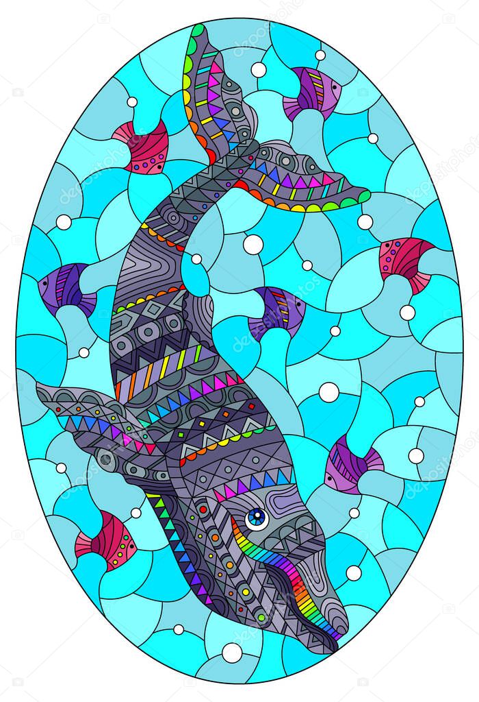 An illustration in the style of a stained glass window with an abstract rainbow whale on a background of water and air bubbles, oval image
