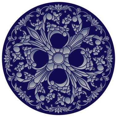 Yuvarlak ürün için tasarım süsü, koyu mavi arka planda boyalı cam tarzında çiçekler.