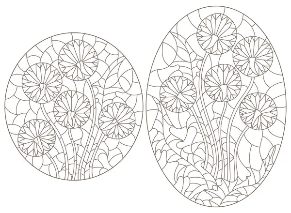 Conjunto Ilustraciones Contorno Estilo Vidrieras Con Flores Abstractas Diente León — Vector de stock