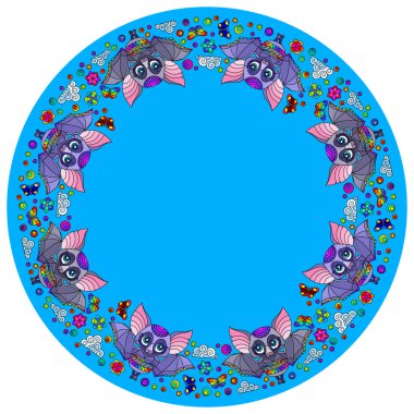 Yarasalar ve çiçeklerle dolu yuvarlak bir ürün için bir süs tasarımı, mavi arka plandaki hayvanlar