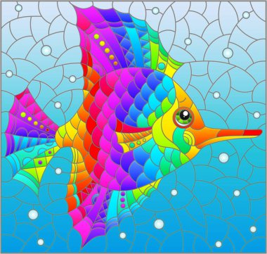 Mavi arkaplanda parlak bir gökkuşağı balık skaleri olan, dikdörtgen şeklinde bir pencere tasviri