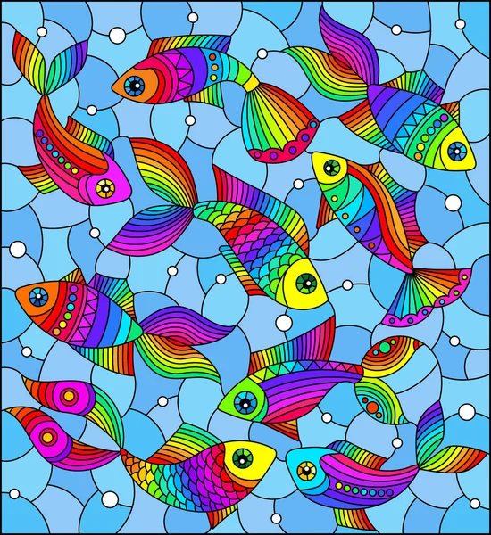 Ilustración Vidrieras Con Peces Arco Iris Brillantes Sobre Fondo Azul — Vector de stock