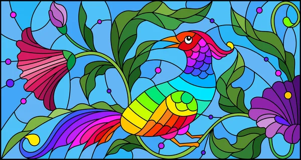 Ilustración Vidrieras Con Pájaro Abstracto Brillante Sobre Fondo Hojas Flores — Archivo Imágenes Vectoriales