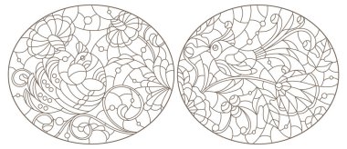 Kuşlar ve çiçeklerle boyanmış cam tarzında, beyaz arka planda koyu renkli çizgiler.