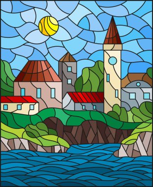 Şehir manzarası olan bir vitraylı pencere, su ve gökyüzünün arka planına karşı bir ev.