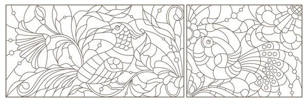 Набір Контурних Ілюстрацій Стилі Вітражів Птахами Квітами Темні Контури Білому — стоковий вектор