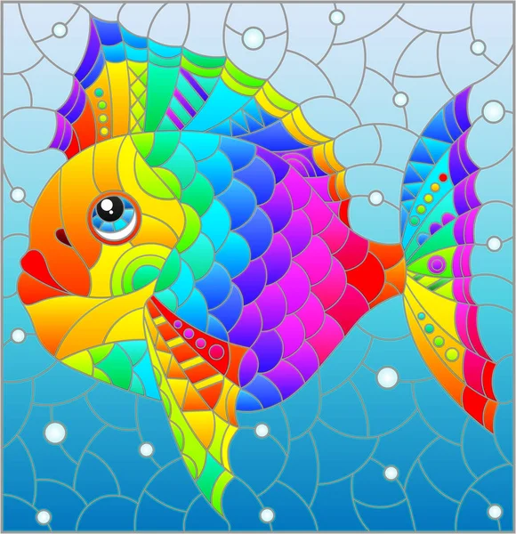 Illustration Stil Med Ett Färgat Glasfönster Med Ljus Regnbåge Fisk — Stock vektor