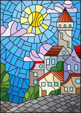 Şehir manzaralı, güneşli bir gökyüzüne karşı sıcak evleri olan vitraylı pencere tarzında bir çizim.