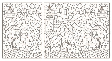 Şehir manzaralı mozaik cam tarzında bir dizi çizim, beyaz arka planda koyu hatlar.