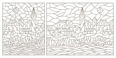 Şehir manzaralı mozaik cam tarzında bir dizi çizim, beyaz arka planda koyu hatlar.