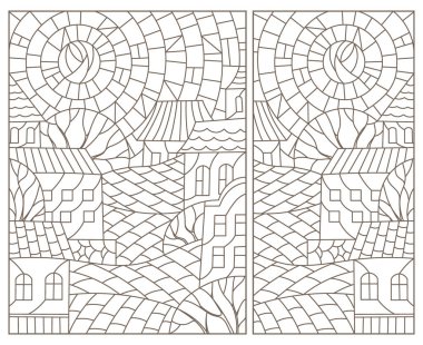 Şehir manzaralı mozaik cam tarzında bir dizi çizim, beyaz arka planda koyu hatlar.