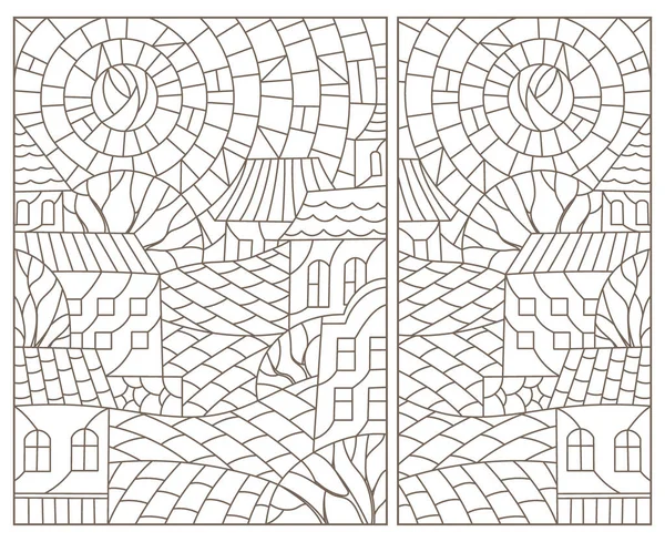 Şehir manzaralı mozaik cam tarzında bir dizi çizim, beyaz arka planda koyu hatlar.