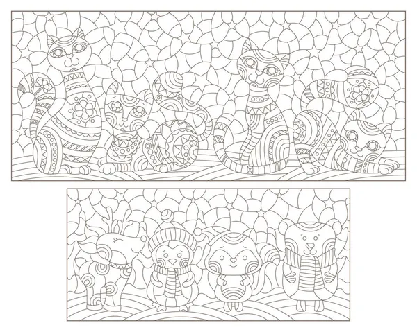Набор Контурных Иллюстраций Стиле Витражей Тему Новогодних Праздников Милые Животные — стоковый вектор