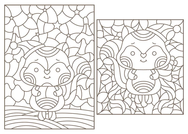 Набор Контурных Иллюстраций Стиле Витража Тему Новогодних Праздников Милыми Лисами — стоковый вектор