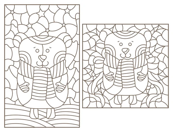 Set Ilustrații Contur Stilul Vitraliilor Tema Sărbătorilor Anul Nou Urși — Vector de stoc