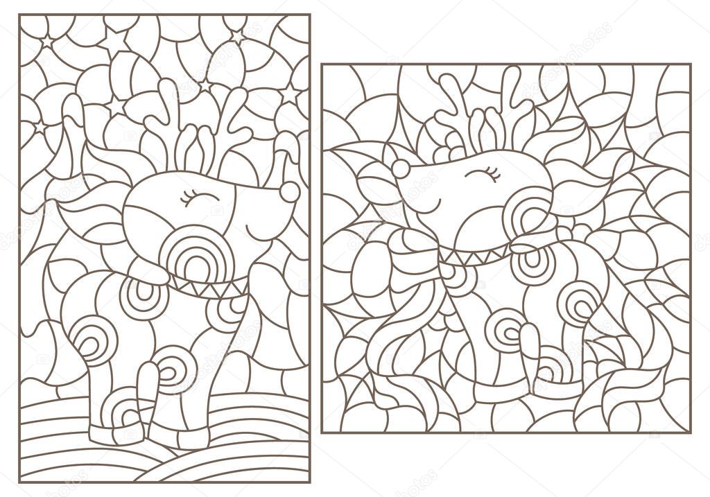 A set of contour illustrations in the style of stained glass on the theme of New Year holidays with cute deers, dark outlines on a white background