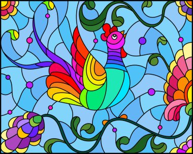 Yaprakların, çiçeklerin ve mavi gökyüzünün arka planında parlak soyut bir horozla lekelenmiş cam çizimi, dikdörtgen bir görüntü.