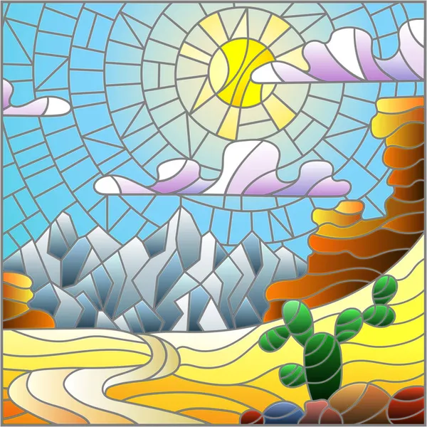 Illustration Stil Eines Glasfensters Mit Wüstenlandschaft Quadratisches Bild — Stockvektor