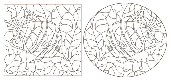 彩色玻璃杯中的一组等高线插图 背景上有蝴蝶鱼 背景上有白色的深色等高线 — 图库矢量图片