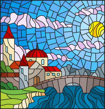 Şehir manzarası olan bir vitraylı pencere, su ve gökyüzünün arka planına karşı bir ev.
