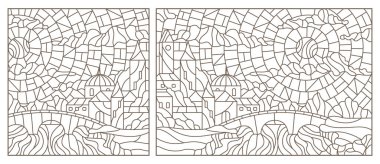 Şehir manzaralı mozaik cam tarzında bir dizi çizim, beyaz arka planda koyu hatlar.