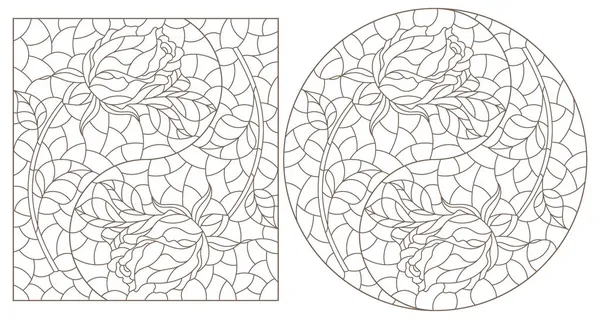 Conjunto Ilustraciones Contorno Estilo Vitral Con Rosas Contornos Oscuros Sobre — Archivo Imágenes Vectoriales