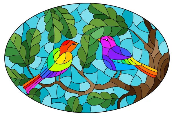 Conjunto Ilustrações Estilo Vitrais Com Pássaros Brilhantes Galhos Carvalho Imagem —  Vetores de Stock