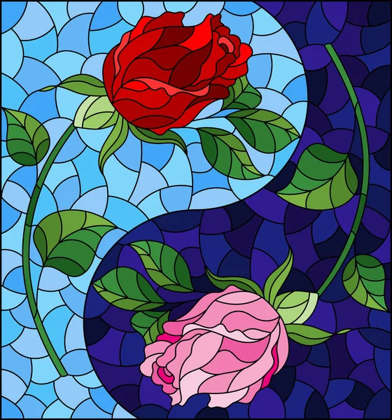 Ilustración Estilo Vitral Con Flores Rosa Forma Signo Yin Yang — Vector de stock