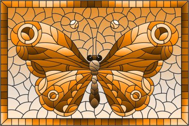 Illustration in stained glass style with a butterflymin a frame, rectangular image, tone brown clipart