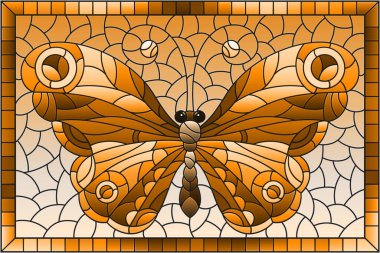 Illustration in stained glass style with a butterflymin a frame, rectangular image, tone brown clipart