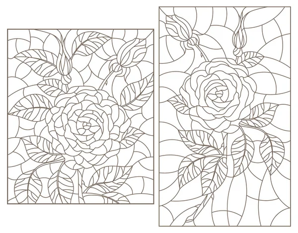 Conjunto Ilustraciones Contorno Estilo Vitral Con Flores Rosas Abstractas Contornos — Vector de stock