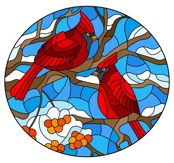 Una Ilustración Estilo Una Vidriera Con Brillantes Pájaros Cardinales Sobre — Vector de stock
