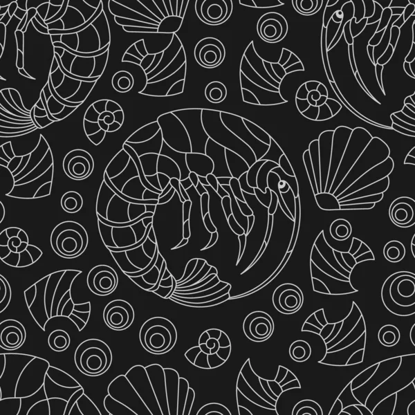 Bezešvé Ilustrace Lehkými Obrysovými Krevetami Rybami Mušlemi Obrysy Zvířat Tmavém — Stockový vektor