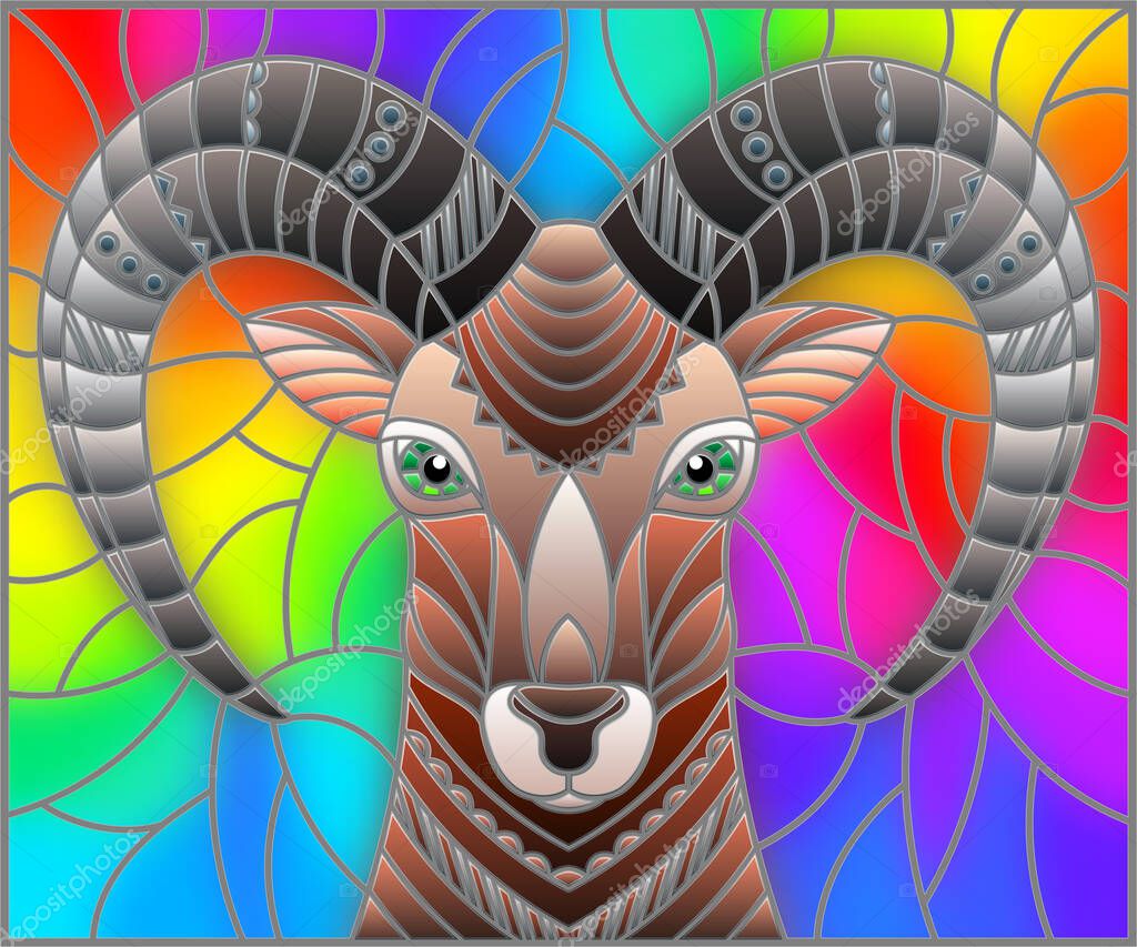 Illustration in the style of stained glass with abstract  ram head on a rainbow background rectangular image