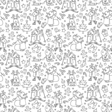 Yeni yıl ve Noel için kusursuz desen, komik koyu renkli çizgi film geyiği kış eğlencesi için, beyaz arka plandaki ana hatlı hayvanlar.