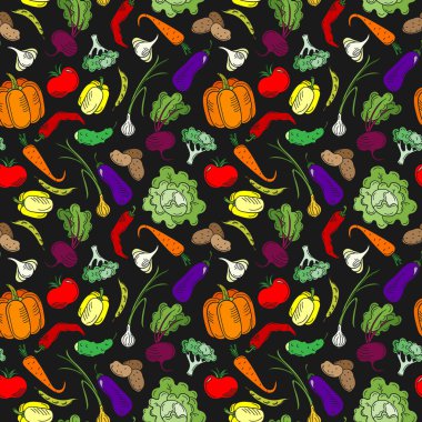 Sebze ve sağlıklı yiyecek teması üzerinde kusursuz desenler, koyu arkaplanda olgun, parlak sebzeler.