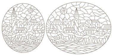 Şehir manzaralı mozaik cam tarzında bir dizi çizim, beyaz arka planda koyu hatlar.