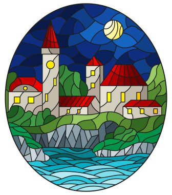 Şehir manzarası olan vitraylı bir pencere, su ve gece gökyüzünün arka planına karşı bir ev.